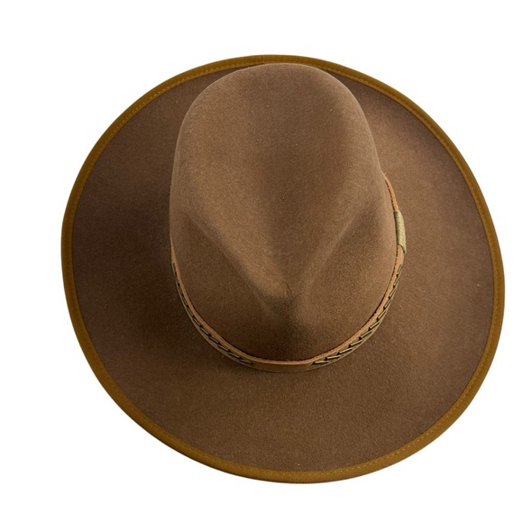 Olive & Pique Brown Wool Felt Wide Brim Rancher Hat Western Embellished Band Adj - Picture 3 of 6